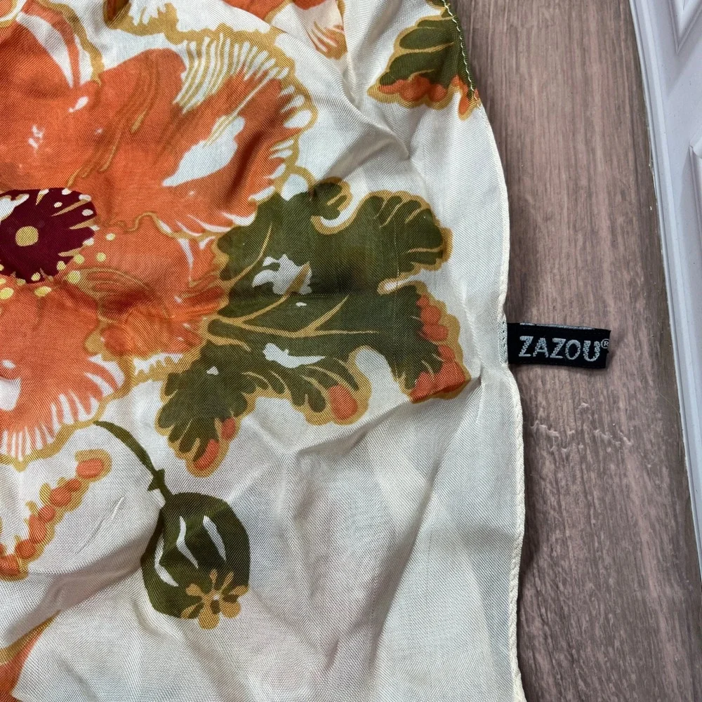 Zazou Floral Poppy Scarf Womens Orange Cream Sheer Rayon Rectangular Boho Wrap